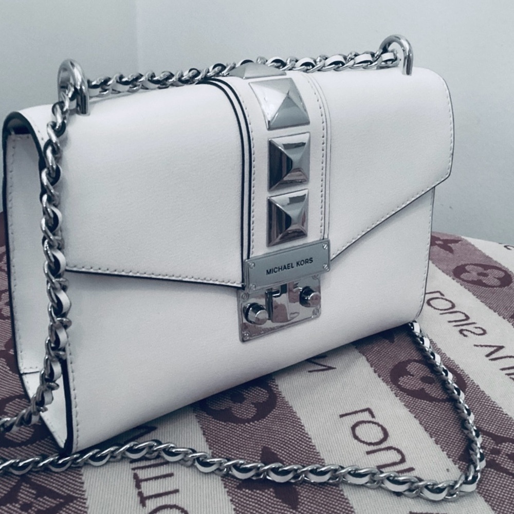 Michael Kors White Leather Chain Crossbody with Silver Stud Accents